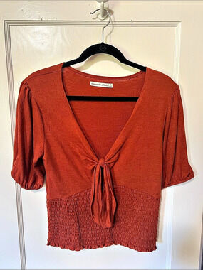 Abercrombie & Fitch Smocked Tie-Front Top Rust